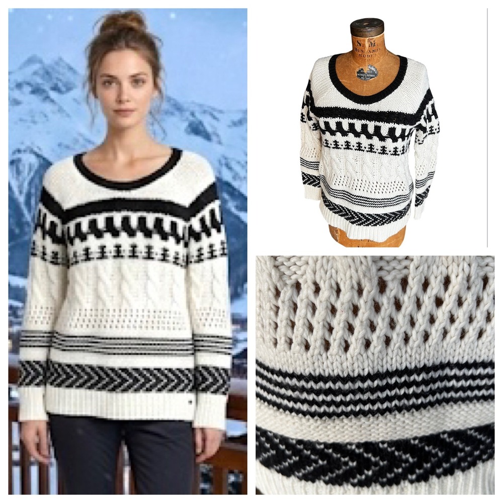 Fair Isle Cable Knit Nordic Pointelle Sweater White Black Cabincore‎ Size Small